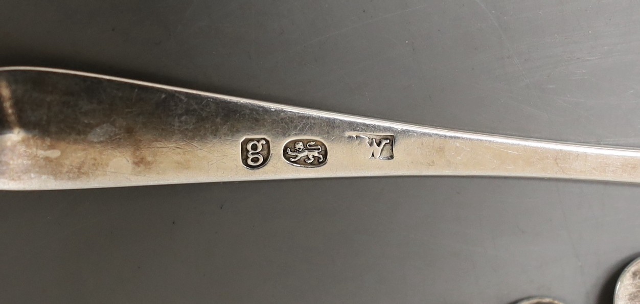 A set of six George III silver Old English patten 'picture' back teaspoons, inscribed 'Plenty', Thomas Wallis, London, 1782, 77 grams.